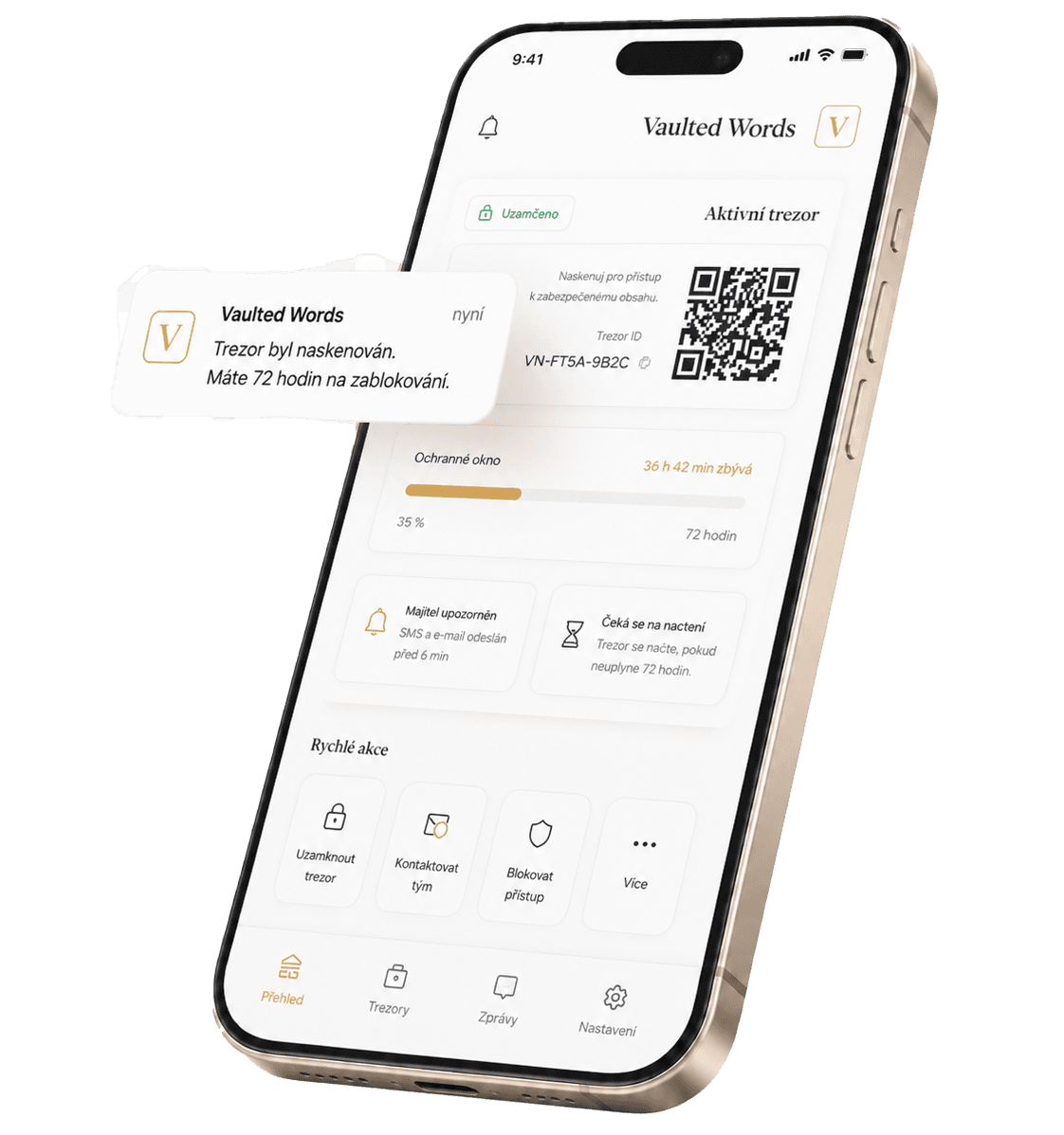 The Semperia app on a phone, showing a sealed message vault