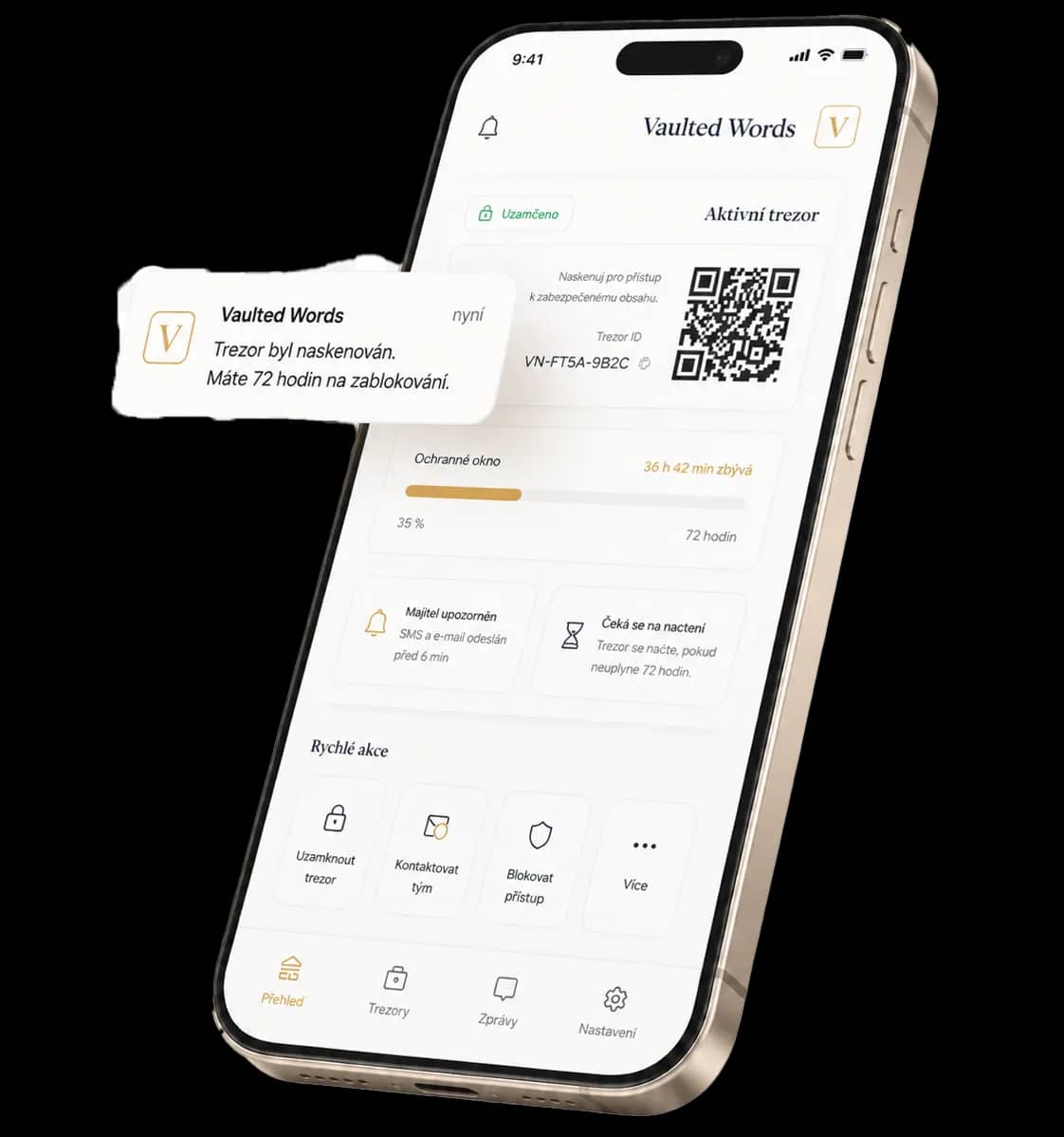 The Semperia app on a phone, showing a sealed message vault
